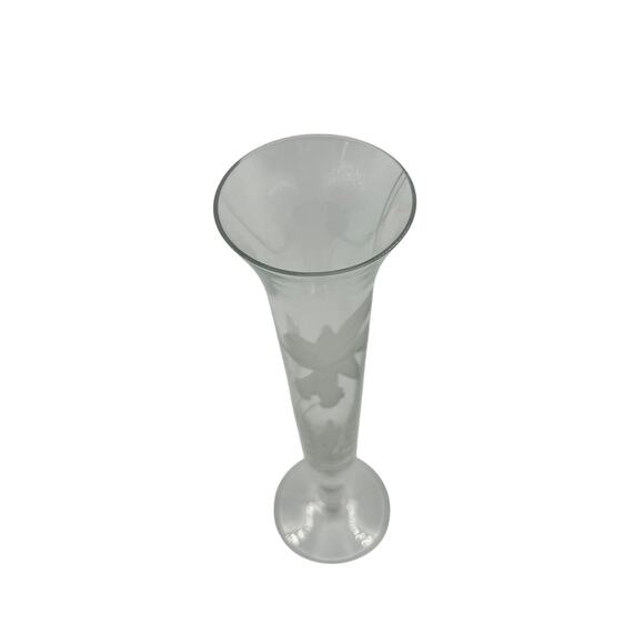 Vintage Crystal Clear Glass Skinny Tall Floral Etched Decorative Vase Footed - Picture 7 of 7